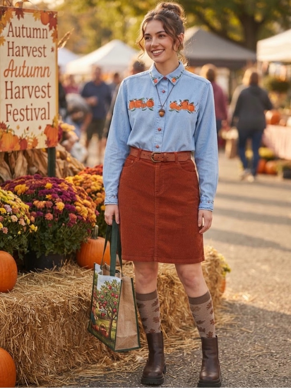 VTG 90s Karen Scott Pumpkin Embroidered Chambray Shirt M Shoulder Pads EUC